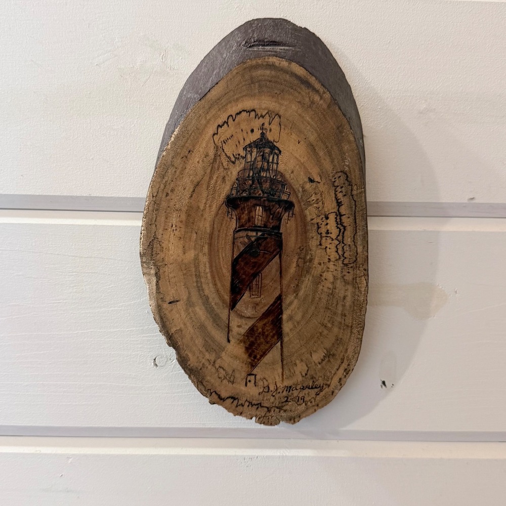 Vintage Hand-Burned Cape Hatteras Lighthouse Wood Slice Art D.J. McCauley - 8.5"